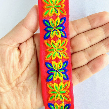 Red Cotton Fabric Trim With Blue, Orange Yellow & Green Embroidery, Boho trim